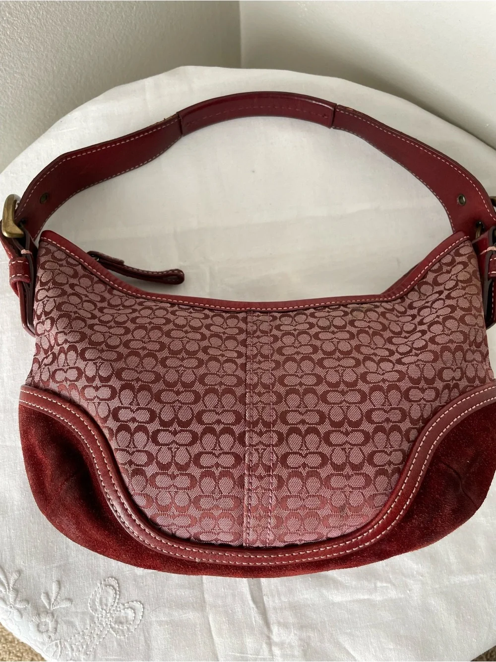 Vintage Coach Soho Mini Signature Hobo Bag Burgundy Canvas Suede Y2K 6351 - Picture 10 of 14